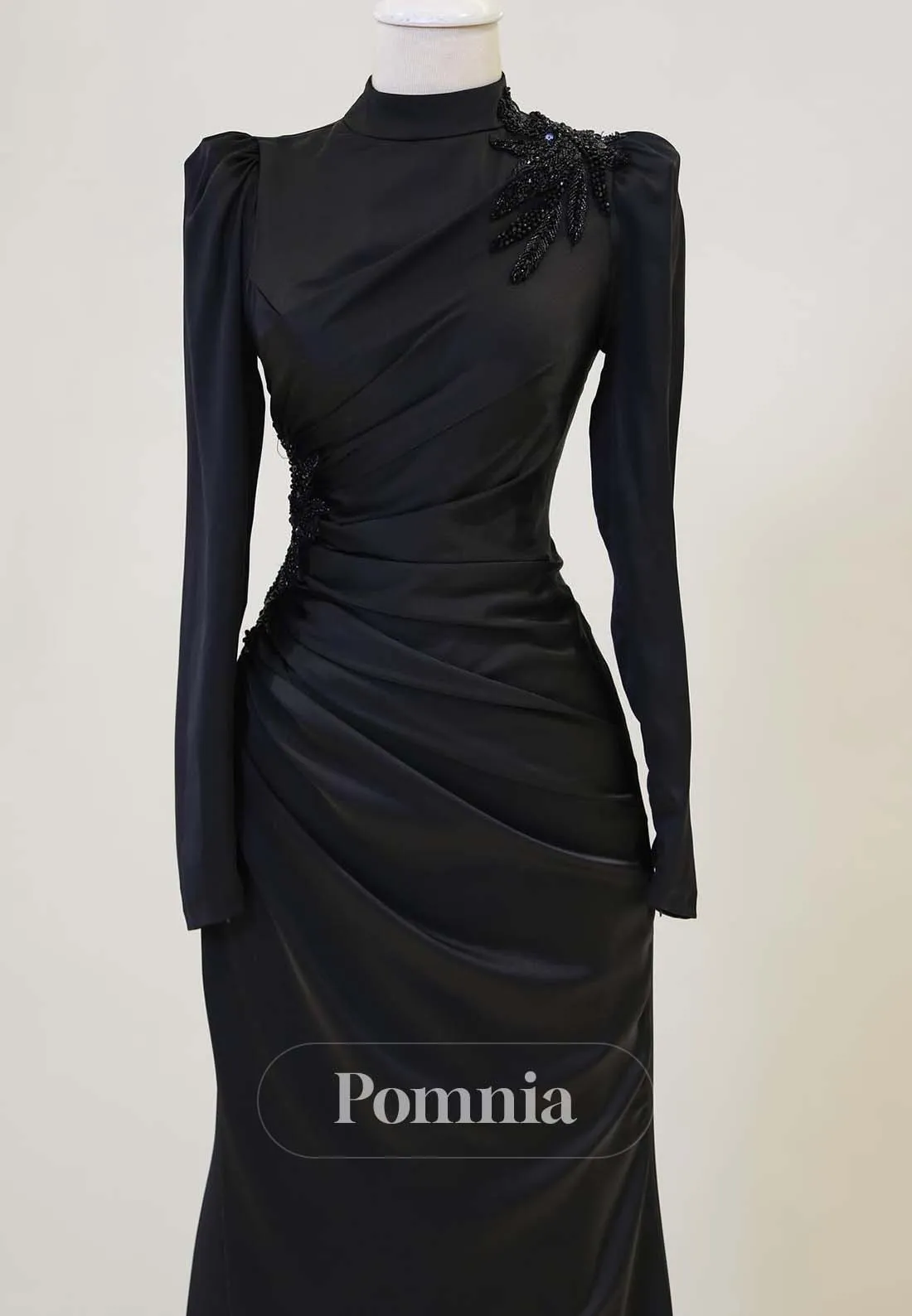Simple Long Sleeves High Neck Ruched Empire-Waist Formal Evening Dress