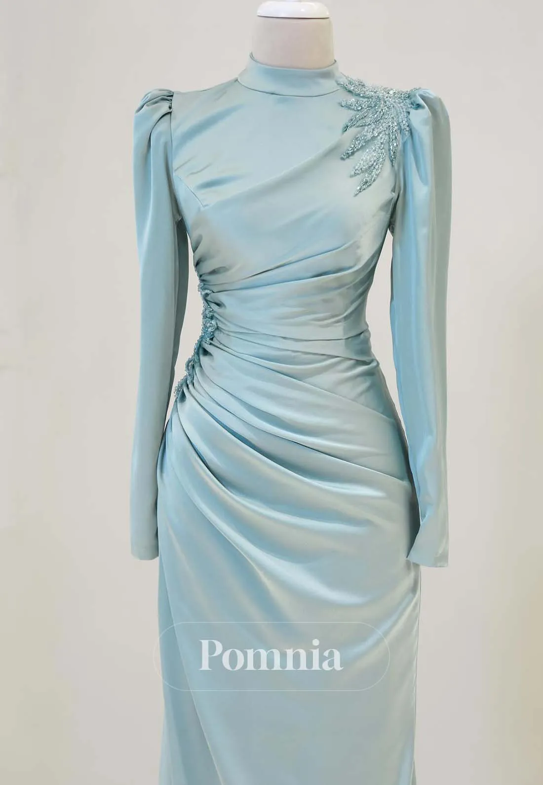 Simple Long Sleeves High Neck Ruched Empire-Waist Formal Evening Dress