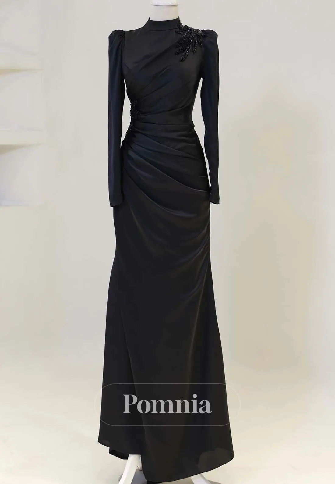 Simple Long Sleeves High Neck Ruched Empire-Waist Formal Evening Dress