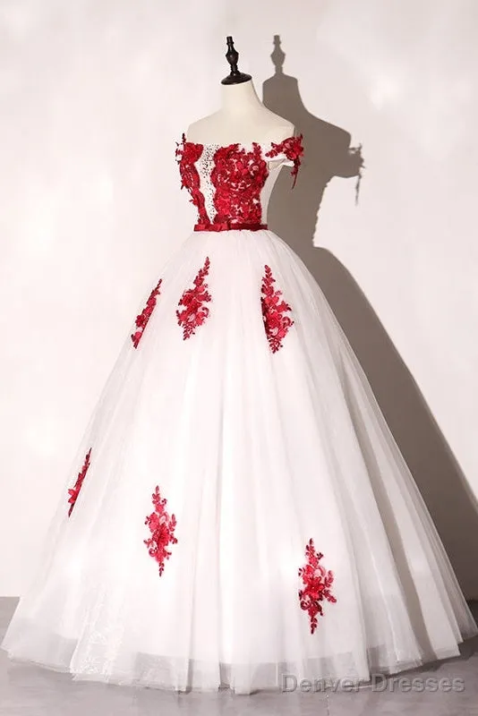 White Tulle Scoop Long Formal Dress With Red Lace, Lovely Red Formal Dress Prom Dress