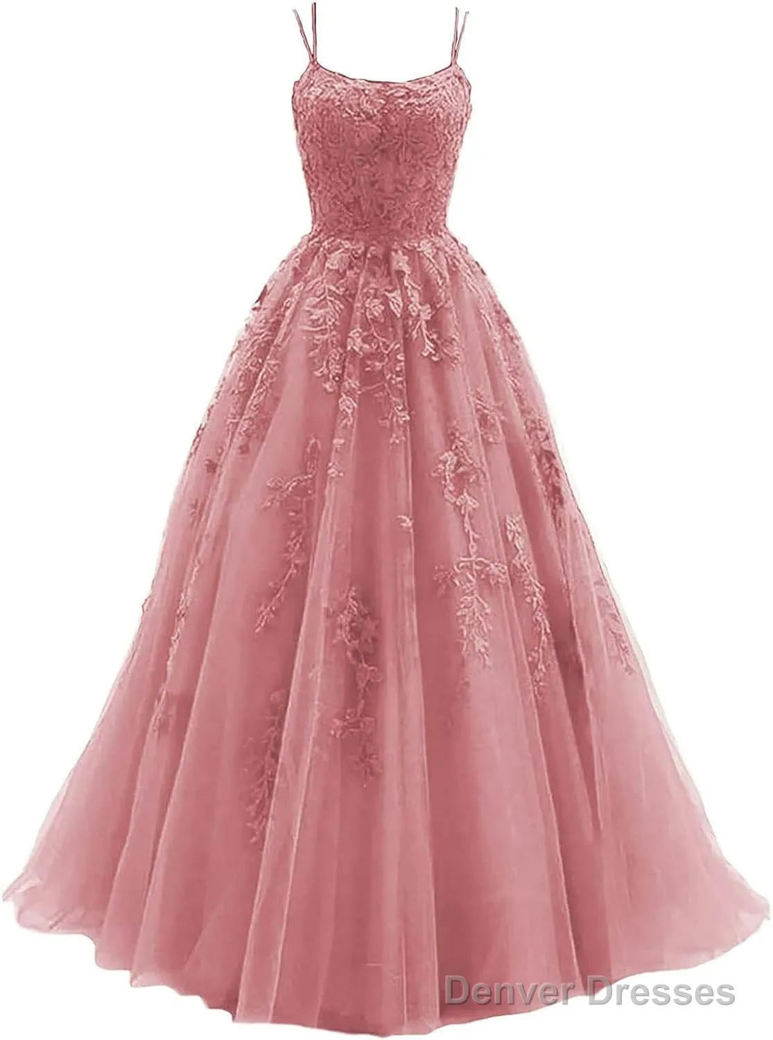 Womens Lace Appliques Prom Dresses Long Spaghetti Strap Ball Gowns Tulle Formal Dress for Party